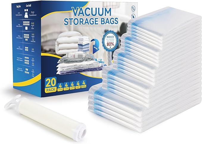 Simple Deluxe 20 Pack Vacuum Storage Bags, Space Saver Bags with Hand Pump, Vacuum Seal Bags for Clothing, Comforters, Blankets, Bedding, Pillows (4 Jumbo/4 Large/4 Medium/4 Small/4 Roll M)
