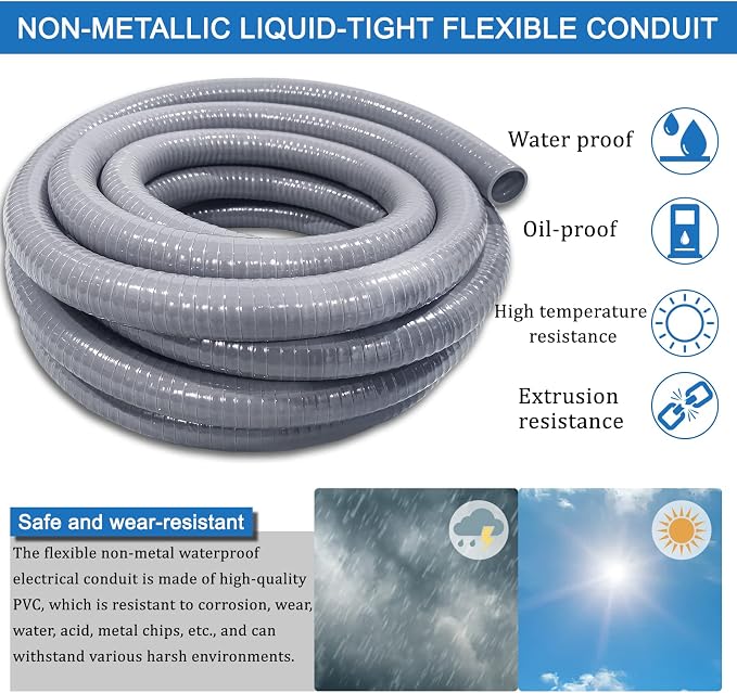 3/4" Dia Liquid Tight Conduit 50 FT,Flexible Non-Metallic PVC Conduit 3/4 Waterproof Electrical Conduit,PVC Electrical Flexible Conduit With 5 Straight And 3 Angle Fittings