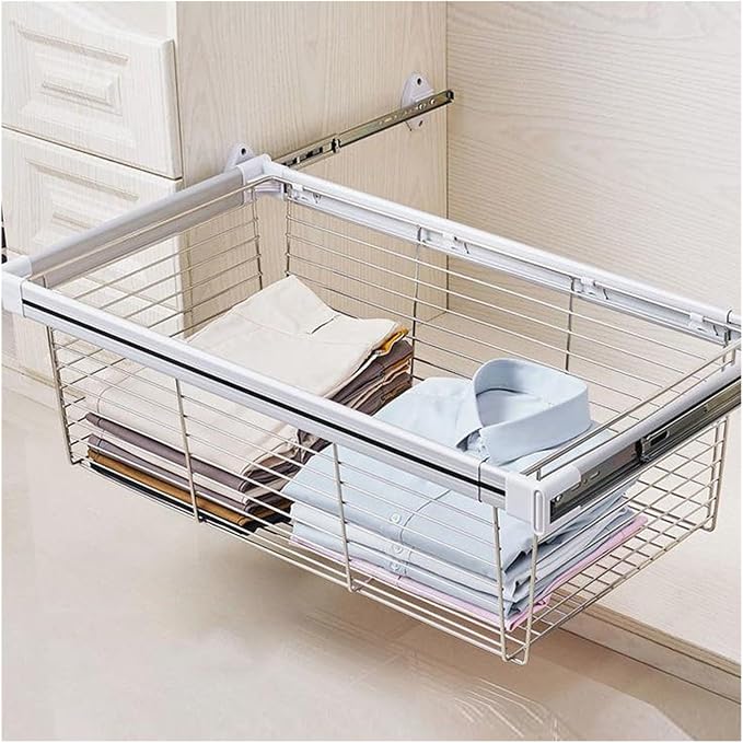 Pull Out Storage Basket with Runners,Metal Under Shelf Storage Basket,Stackable Storage Bins,Adjustable Width 370-970mm,40kg Weight Capacity(White,Width620-670mm)