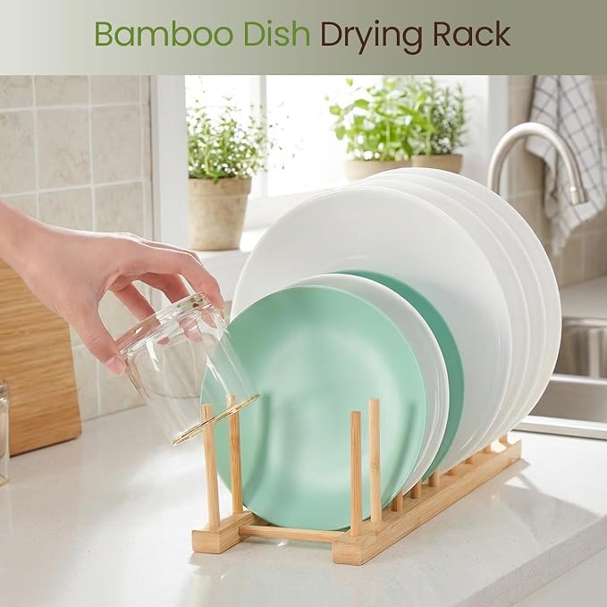 NOVAYEAH 4 Pcs Bamboo Wooden Dish Rack-Plate Pot Lid Cutting Board Organizer Holder Rack for Cabinet-Kitchen Cabinet Organizer for Dish, Pots, Lids, Bowls, Bottles, Books, and Puzzle