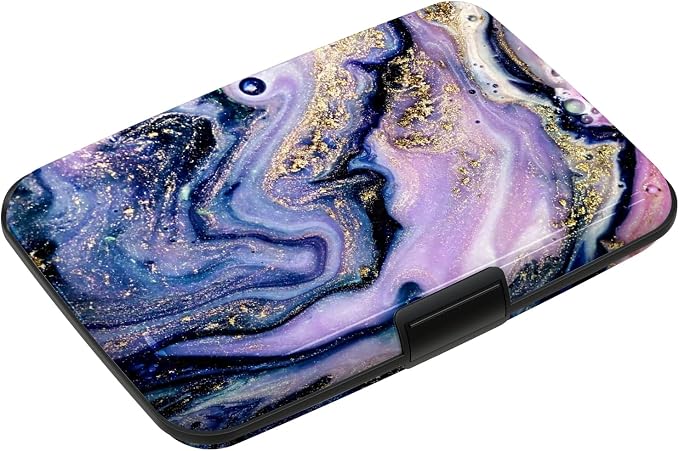 Credit Card Holder, Mini RFID Small Aluminum Card Wallet Business Card Case | Blocking Slim Metal RFID Blocking Front Pocket Wallet Hard Case CC Holder for Women Girl, Aesthetics Purple Marble