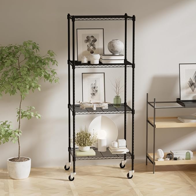 4 Tier Storage Shelves with Wheels, Heavy Duty Metal Garage Shelving Unit and Adjustable Feet, 865lb High Capacity Rolling Storage Shelf for Kitchen, Office, Dining Room (23.6"x 17.7"x 59"), Black