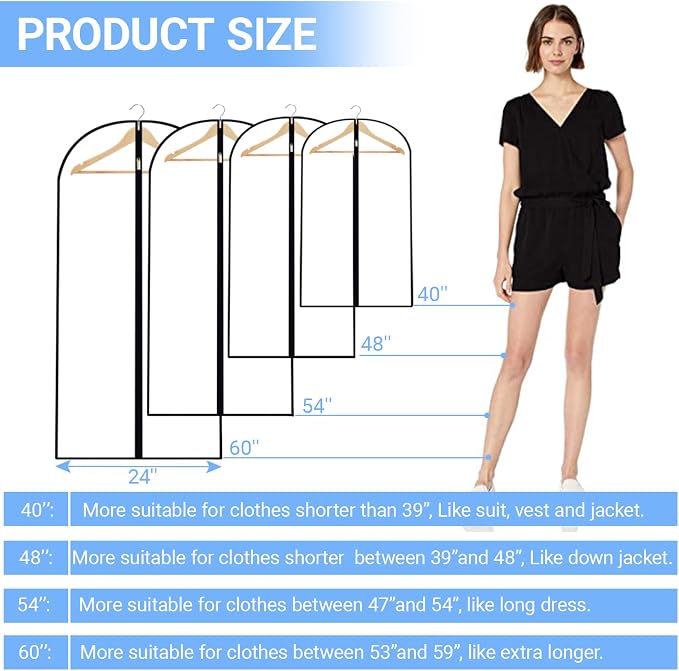 Garment Bags for Hanging Clothes, 48" (Set of 6) All Clear Garment Bag, Plastic Dustproof Suit Bag, Coat Protector Zippered Garment Covers for Closet Storage and Travel