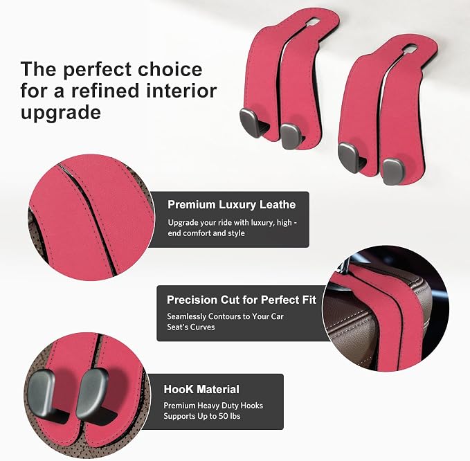 CoBak Purse Hook for Car - Universal Premium Stitched Leather and Aluminum-Magnesium Alloy Double Car Seat Back Storage Hook for Purses, Handbags, Bags (2 Pack),Raspberry