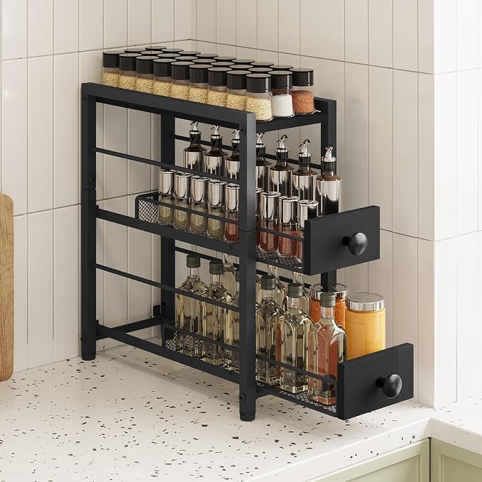 YATINEY Spice Rack, 3-Tier Pull Out Spice Rack Organizer for Countertop, Narrow Kitchen Countertop Storage Shelf with 2 Drawers, for Kitchen, Cafe, Black SR02BB