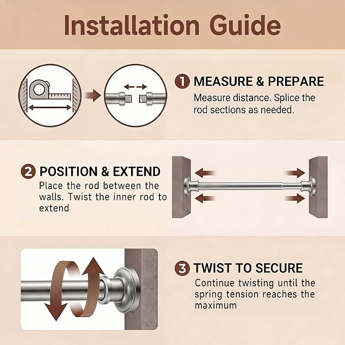 BRIOFOX Brushed Nickel Tension Curtain Rod 24 to 64 Inch(2-5.3ft) - Stainless Steel Spring Tension Shower Curtain Rod, No Drilling Tension Rod for Curtains Windows Closet Kitchen
