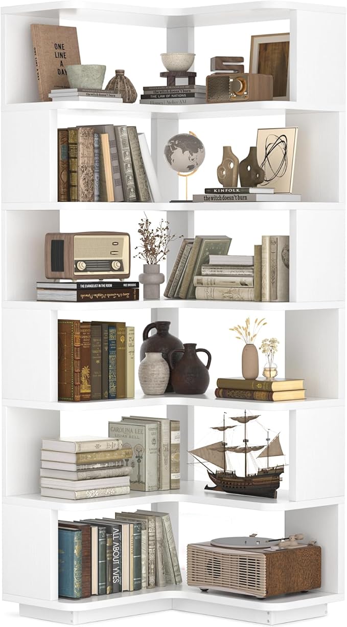 Besiost Corner Book Shelf, 7-Shelf Corner Bookshelf for Small Corner Spaces, L-Shape Bookcase Corner Display Shelf for Home Office, Living Room, Bedroom, Kitchen Pantry, White