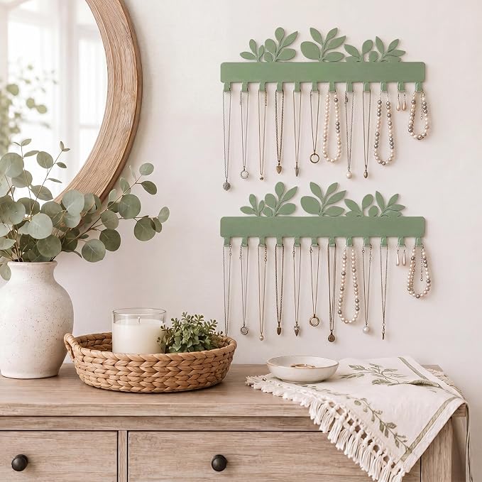 Hicarer 2 Pack Sage Green Eucalyptus Necklace Holder Wall Mount 24 Hooks Adhesive Metal Jewelry Organizer Eucalyptus Decor Bathroom Decor for Earrings Bracelets Rings Keys