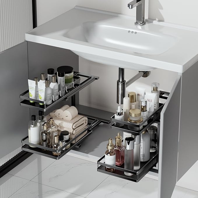 2 Pack Under Sink Organizers and Storage, Heavy Duty Metal Pull Out Cabinet Organizer with Ball-Bearing Slides, Height Adjustable L-Shaped Shelf for Kitchen & Bathroom (1-Pack)