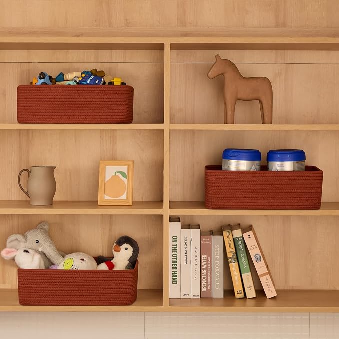MiniArk Large Shallow Organizing Baskets 15x11x5.1 Inches - Rope Woven Storage Bins for Bathroom, Shelves, Cube Closet, Red 4 Packs