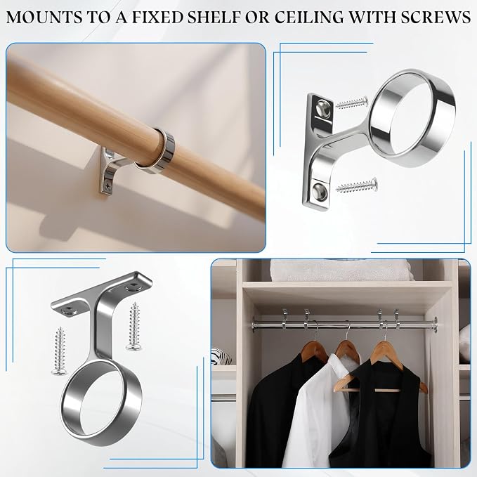 LEIFIDE 4 Pcs 1 5/16 Inch Diameter Round Wardrobe Closet Rod Suspended Center Support with Installation Screws Curtain Closet Rod Ceiling Mount Bracket for Home Wardrobe (Polished Chrome)