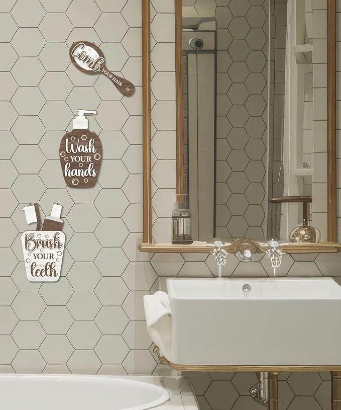 Putuo Decor Bathroom Wall Decor Sign Set Brush Your Teeth Comb Your Hair Wash Your Hands Wooden Wall Hanging for Kids Bathroom Home Restroom Decor