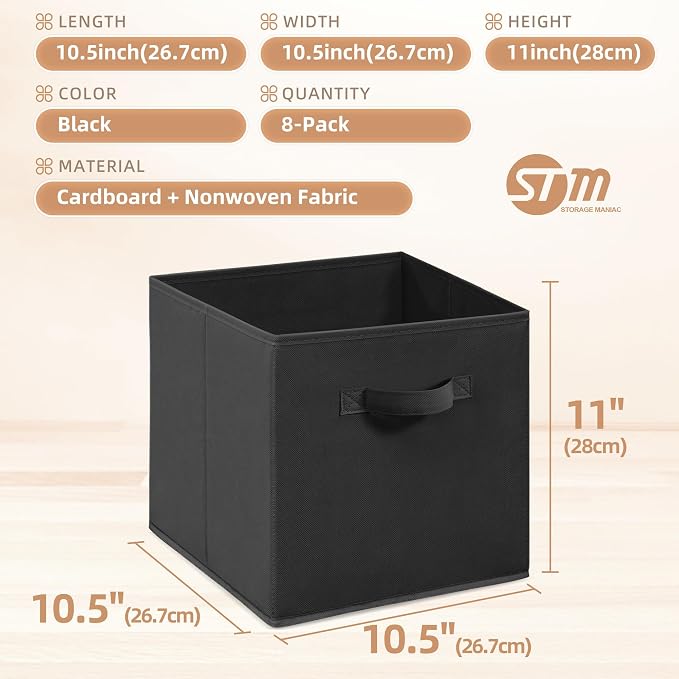 STORAGE MANIAC Storage Cubes, 11 Inch Collapsible Storage Bins with Handles, 8 Pack Fabric Foldable Bins for Organization, Durable Storage Bins for Closet, Shelves, Offices, 8-Pack Black