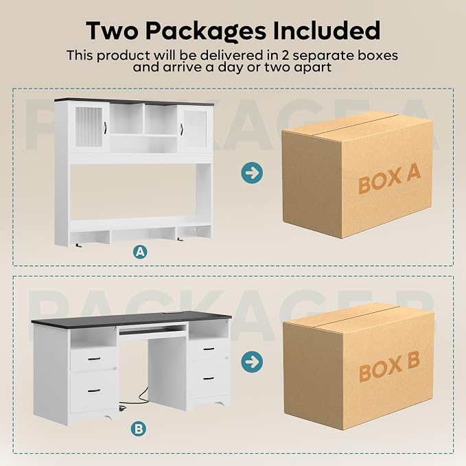 Bestier 77.8" H Computer Desk with Hutch, Charging Station, LED Light,White | Modern Wood Executive Desk with Drawers, Fluted Storage Cabinet, Keyboard Tray, 59" W Office Desk for Home Office