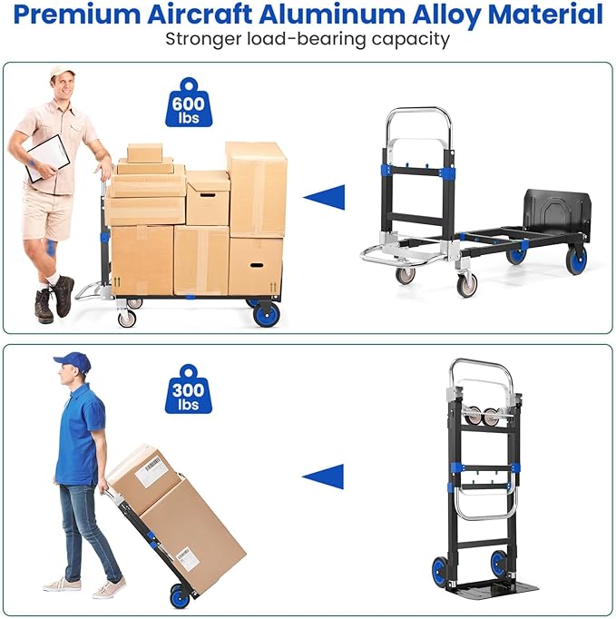 3-in-1 Folding Hand Trucks, 600Lbs Convertible Hand Truck Dolly, Heavy Duty Convertible Dolly with Retractable Handle and 4 Rubber Wheels, Collapsible Cart for Moving Office/Home/Warehous(Blue)