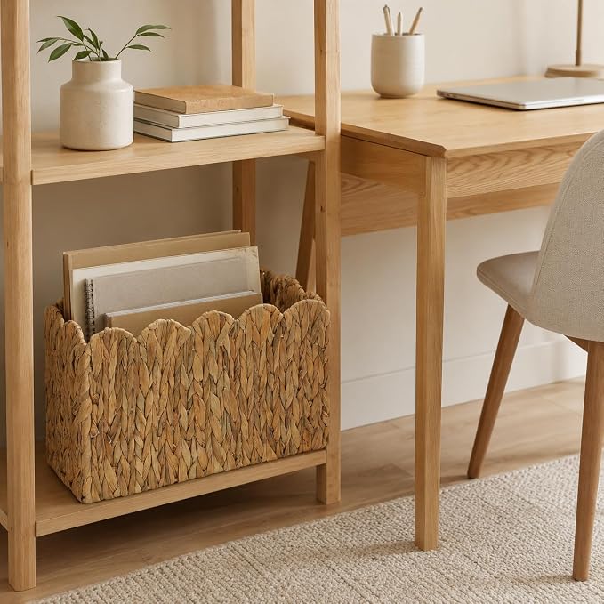Water Hyacinth Magazine Holder, Tall Narrow Scalloped Basket | Wicker Book Basket Natural Water Hyacinth Scalloped Edge Magazine Basket Desk, Office, Entryway Storage 15"L x 6"W x 11"H