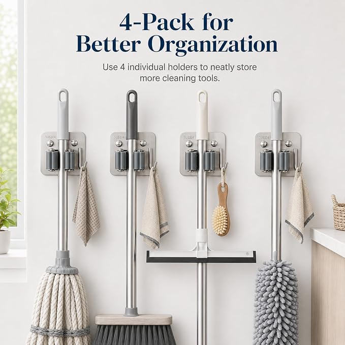 Broom Holder Wall Mount 4 Pack, Heavy Duty Mop and Broom Holder with Hooks, 304 Stainless Steel Broom Hanger, Self Adhesive or Screw Mount Organizer for Kitchen Laundry Garage