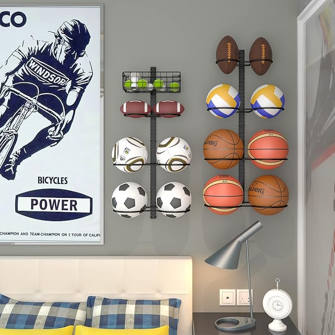 8 Tier Detachable Wall Mounted Basketball Rack, Vertical/Horizontal Football Holder, Holds 14 Balls DIY 1/2/3/4 Soccer Stand, Height-Adjustable Ball Rack with Basket for Garage, Tool Room, Metal-Black