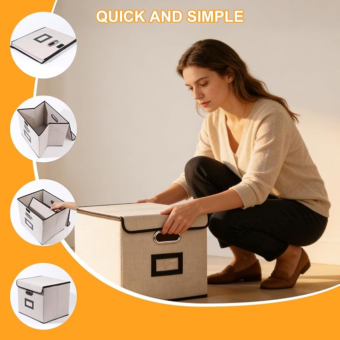 Large Square Storage Bin with Lid, Foldable Organizer Box with Handles & Label Design, for Office, Closet, Home, Documents, Grey, 12.20 x 10.63 x 10.63 Inches, 4 Pack