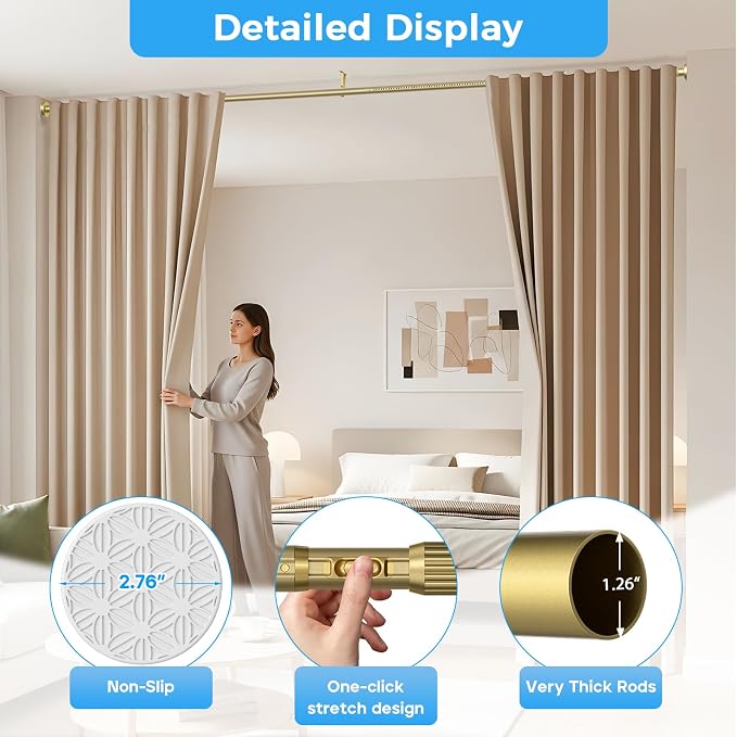 AIZESI 41-86 Inch Heavy Duty Gold Tension Curtain Rod - No Drilling, Adjustable, Rust-Proof for Outdoor, Living Room, Bathroom
