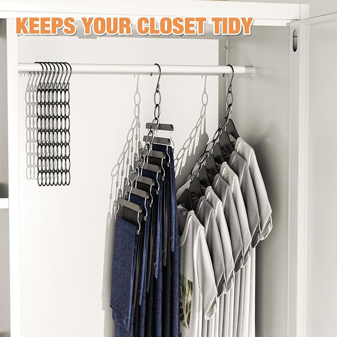 NiHome Clothing Chain Hangers 10-Pack, Space Saving Metal Closet Organizer | Portable 7-Loop, Safety Cap, Collapsible & Wrinkle-Free For Travel, Dorm, RV, Black