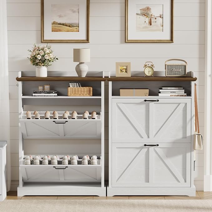 Shoe Cabinet with 2 Flip Drawers, Farmhouse Narrow Shoe Cabinet Organizer with Double-Layer Top, Freestanding entryway organizer with adjustable shelves and hooks, for, Foyer, Hallway, White