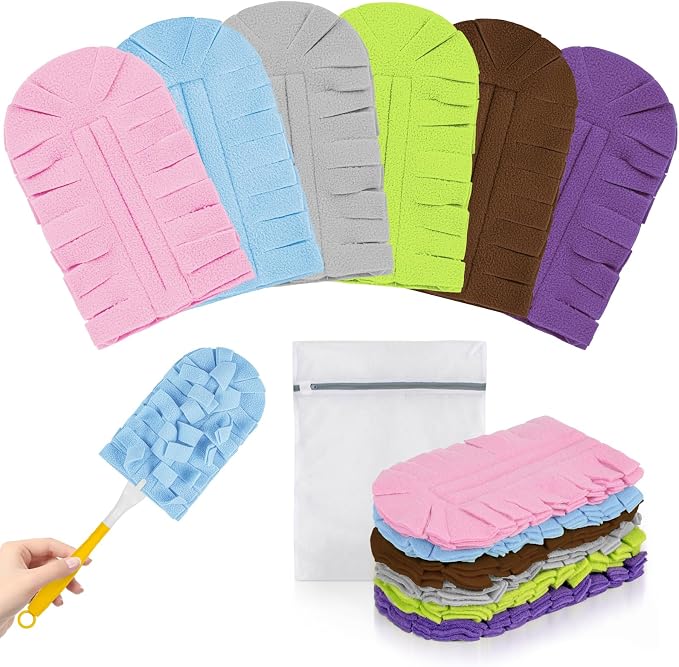 6 PCS Reusable Duster for Swiffer, Washable 360 Fleece Duster Refills for Fans, Floors, Blinds, Windows (Include 1 Handle & Laundry Bag)