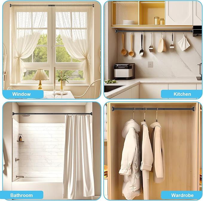 Tension Curtain Rod 30 To 63 Inch Black Tension Rods Adjustable Spring Loaded Curtain Rods 7/8" Curtains Rods No Drilling Tension Rods For Windows Bedroom Closet Doorway Door