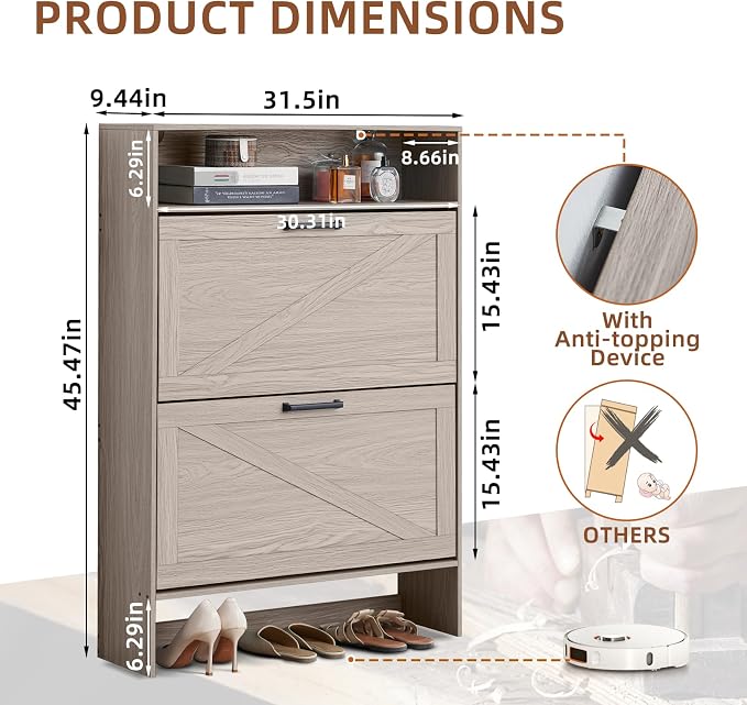 RWYHG Shoe Cabinet Storage for Entryway with 2 Flip Drawers Open Storage Layer Rack Narrow Organizer Slim Hidden Wood Shoe Cabinet Furniture Grey
