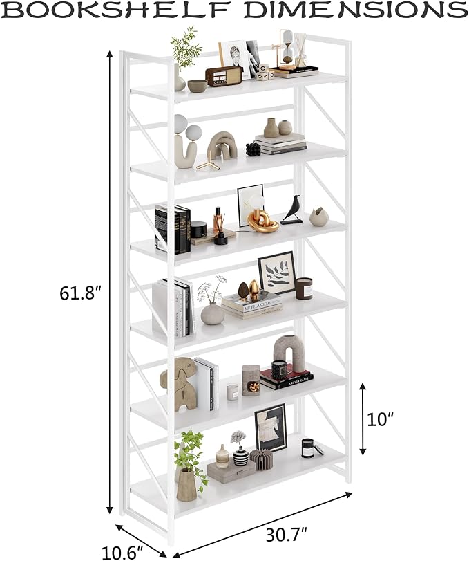 JSB 6 Tier No Assembly Folding Bookshelf, 30.7" Wide Foldable Storage Bookcase for Home Office, Space-Saving Storage Shelf for Living Room (All White)