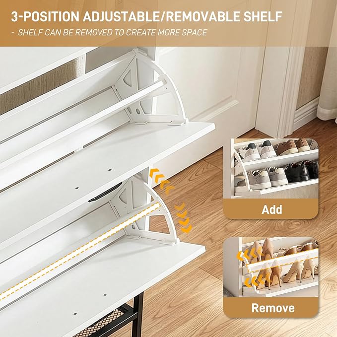 Karl home White Farmhouse Shoe Cabinet, Cushioned Entryway Bench Organizer | Space-Saving Freestanding Shoe Rack Organizer, Versatile Storage Furniture Suitable for Entryway and Living Room