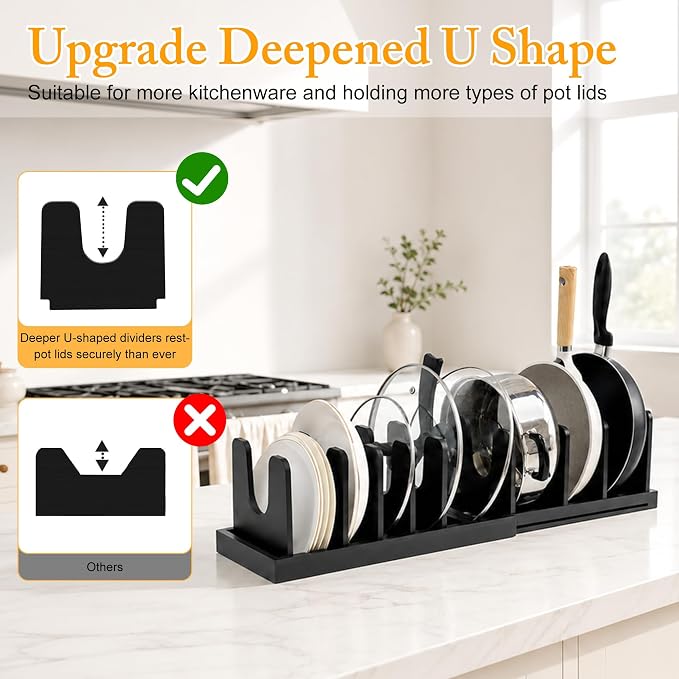 MinBoo Bamboo Expandable Pot Lid Organizer, Pot and Pan Organizer Drawer Organizer for Pot Lids, Adjustable 10 U-Shaped Dividers for Kitchen Cabinet Organizers and Storage,Black