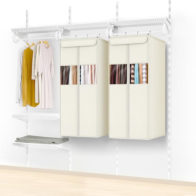 Zilink Suit Bags for Closet Storage 40" Hanging Garment Bags for Storage with Clear Window Space Saving Clothing Storage Bags for Suits, Shirts, Short Skirts, Beige, 2-Pack