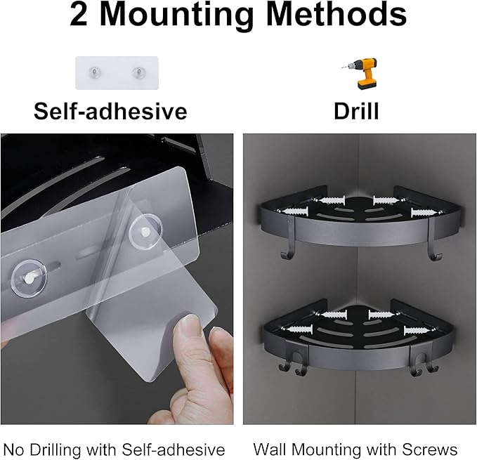 DUFU Adhesive Corner Shower Caddy with Hooks, Black, 2 Pack | Bathroom Shower Organizer, No Drilling, Rust Proof Aluminum Shower Shelf For Inside Shower