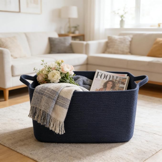 96L Extra Large Navy Cotton Rope Laundry Basket with Sturdy Handle | 24x16x15 Foldable Rectangular Blanket Basket for Toys, Clothes & Pillows,Ideal for Nursery, Bathroom, Bedroom, Living Room