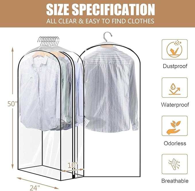 5 Pack 50" All Clear Garment Bags for Hanging Clothes Storage, 10" Gusseted Large Capacity Garment Rack Cover, Large Hanging Clothing Bag for Dress Gowns, Coats, Suit, Down Jacket