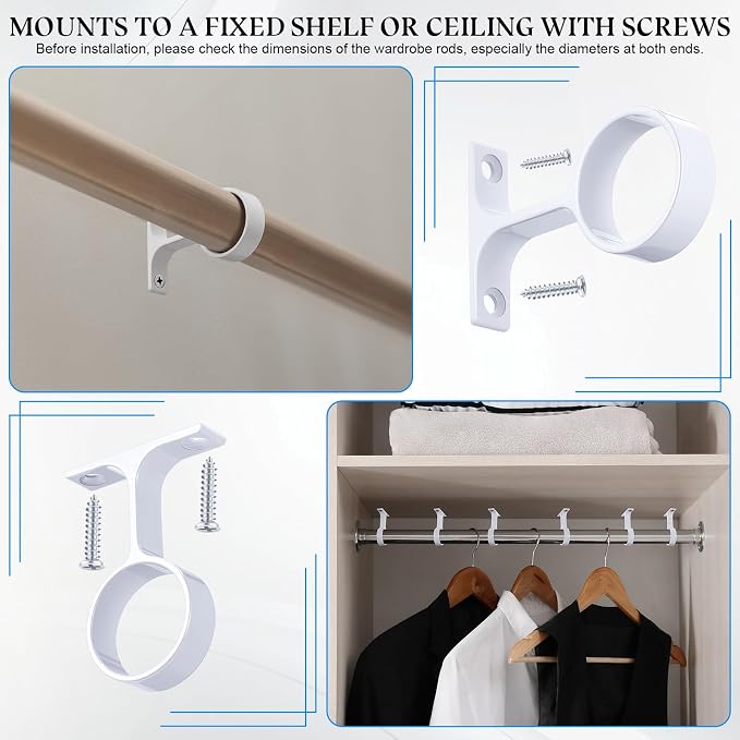 LEIFIDE 6 Pcs 1 5/16 Inch Diameter Round Wardrobe Closet Rod Suspended Center Support with Installation Screws Curtain Closet Rod Ceiling Mount Bracket for Home Wardrobe (White)
