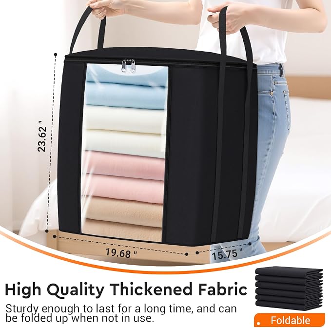 TasticTotes 120L Extra Large Blanket Clothes Storage Bags, Gray, 2 Pack | Foldable Blanket Storage and Organization, Thick Fabric Containers with Reinforced Handles & Zippers for Comforters, Bedding