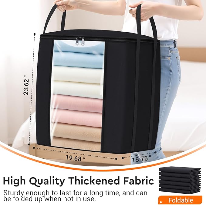 TasticTotes 120L Extra Large Blanket Clothes Storage Bags, Black, 1 Pack | Foldable Blanket Storage and Organization, Thick Fabric Containers with Reinforced Handles & Zippers for Comforters, Bedding
