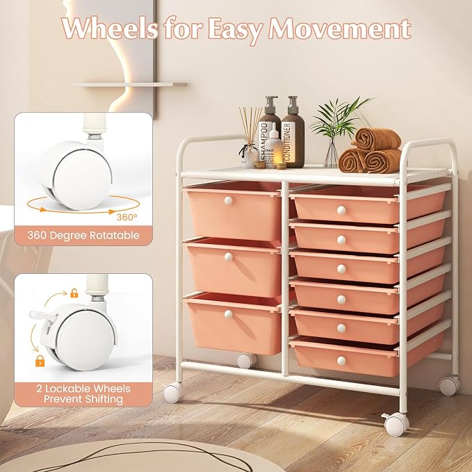 RELAX4LIFE 9 Drawer Rolling Storage Cart - Mobile Drawer Carts for Craft Art Supply Paper Salon, Utility Cart on Wheels for Classroom Teacher School Office, Rolling Cart with Drawers (Pink)