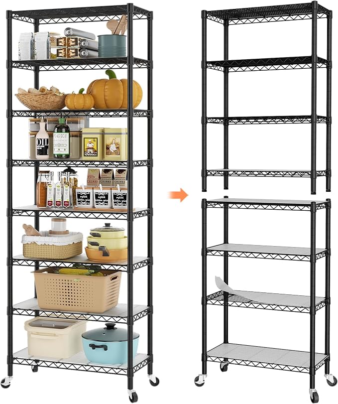 SINGAYE 8 Shelves Storage Wire Shelf Closet Metal Shelving Pantry Wheels | Shelf Bathroom Organizers Metal Kitchen Garage Shelving Unit Laundry Room Organization Home Rack Net Basket with Wheels