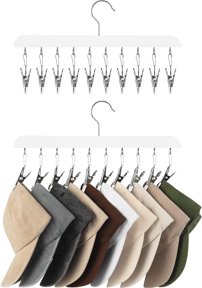 StorageWorks Hat Organizer 2 Pack, White Cap Hanger Rack with 10 Clips
