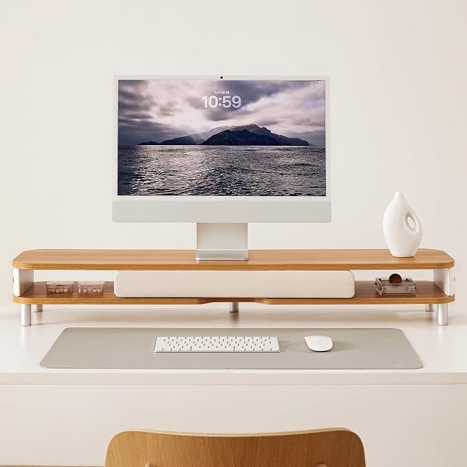 Fenge Dual Monitor Stand with Large Storage Drawer, 42.5" Dsek Shelf, Oak | Slide-Out Drawer, Ergonomic Monitor Riser, Aluminum leg, 2-Tier Desk Organizer for Laptop, TV, PC