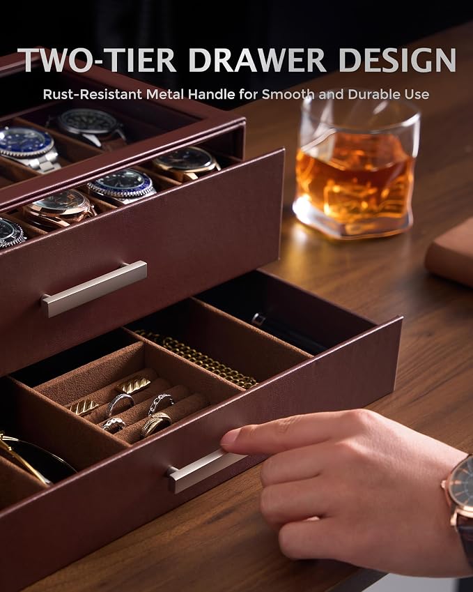 ProCase 12-Slot Watch Case for Men, 2-Tier Pull-Out Drawers Box -Espresso | Fathers Day Gift for Dad Men with Display Clear Top Lid, Jewelry Sunglasses Storage Organizer, Anniversary Birthday Gifts