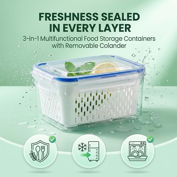 Fruit Storage Containers for Fridge with Removable Colander, Airtight Produce Storage Containers with Lids, Fridge Organizers and Storage for Berry, Fruit, Vegetables, Salad & Meal Prep (Blue, S)