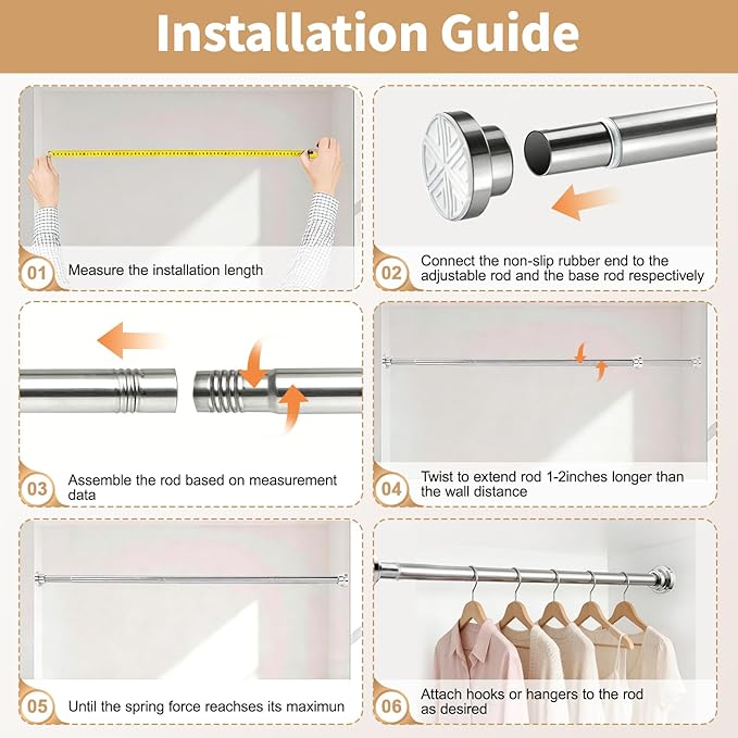 No Drilling Adjustable Closet Rod, 26-95 Inches Heavy Duty Tension Rod for Hanging Clothes for Closet, Laundry Room & RV, Silver