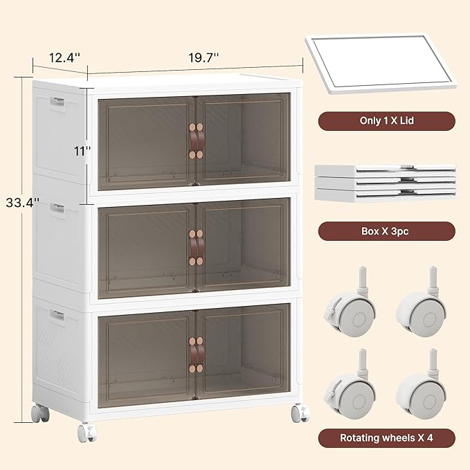400QT Extra Large Stackable Storage Bins with Lids & Wheels & Door, 100Gal Foldable Collapsible Closet Organizers, Plastic containers drawers for bedroom Dorm