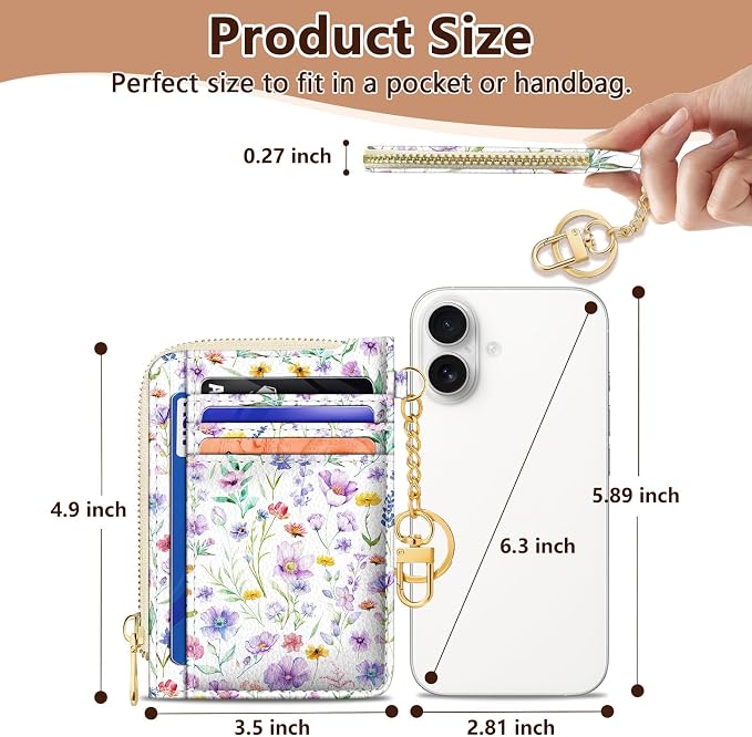 GIANCOMICS Slim Wallet Credit Card Holder Women, Purple Flower Rfid Blocking Small Card Case, Keychain Thin Pocket Curved Zipper Wallet, Travel Card Holder PU Leather ID Window, Ladies Female Gifts