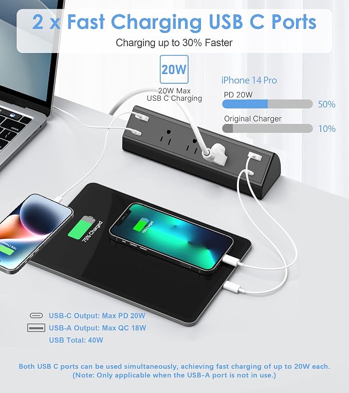 Jgstkcity Desk Clamp Power Strip,40W Total Fast Charging Station,2 PD 20W USB C Ports,Desk Edge Mount Surge Protector for Home, Office,3 Outlets,Fit 1.96" Tabletop Edge,ETL Listed | 2 PD 20W USB C Ports, 3 Outlets, Desk Edge Mount, Fit 1.96" Tabletop E...