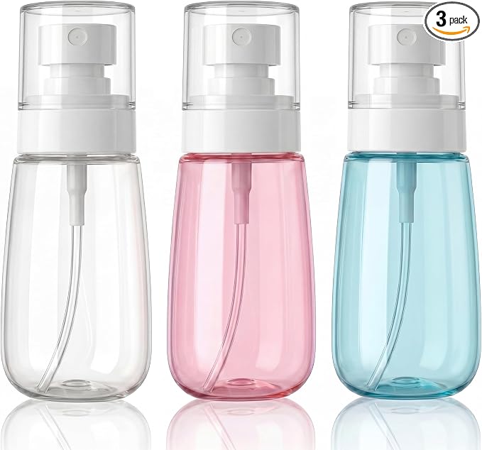 3pack Small Spray Bottle, 2oz Mini Fine Mist Spray Bottles, Empty Portable Travel Refillable Containers for Cosmetic, Perfume, Makeup, Outdoor Daily Use(Clear+Green+Pink)